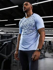 Gym Rark Boyfriend Style Men Summer Leopard Print Raglan Sleeve Short Sleeve Sports T-Shirt Workout Tops - Blue - View 3