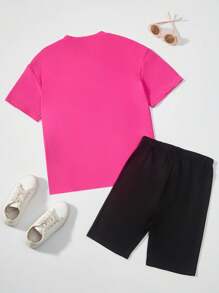 Set aus Lässig-Kurzarm T-Shirt mit bedruckten Cartoon-Charakteren und Radlerhose für Teenager Mädchen im Sommer (2 Stücke)