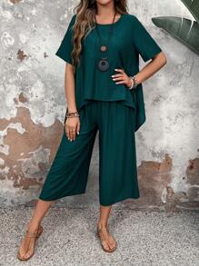 EMERY ROSE Women Asymmetrical Shirt And Wide-Leg Pants Set For Summer - Dark Green - View 3