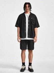 Manfinity VCAY Men Summer Solid Color Pocket Short-Sleeved Casual Shirt And Loose Shorts Set - Black - View 5