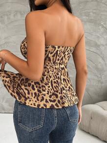 SHEIN Privé Women's Chest Drawstring Design Tube Top.  Leopard Top. Going Out Tops. Concert Tops.  Coumtry Concert Tops. - Coffee Brown - View 2