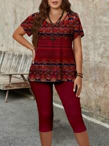 EMERY ROSE Plus Size Women's Summer Casual Retro Pattern T-Shirt And Capri Leggings Slim Fit 2pcs Set,Flower/Vacation/Spring - Burgundy - View 6