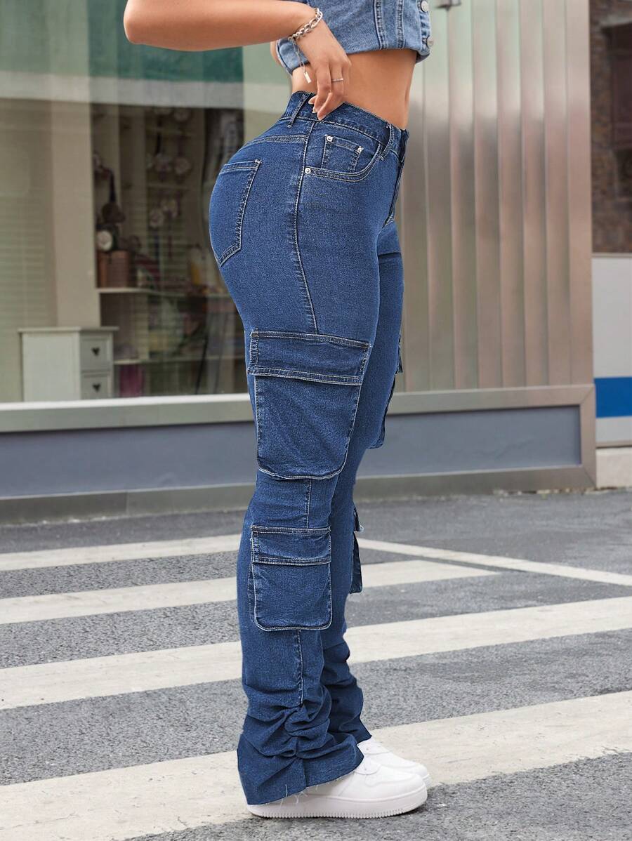 SHEIN ICON Women Casual Cargo Stacked Flare Jeans, Spring Outdoor