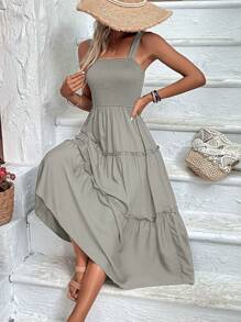 SHEIN Clasi Vestido de verano para mujer de unicolor con cuello en V, volantes en capas y tirantes de espagueti - Gris Claro - Ver 1