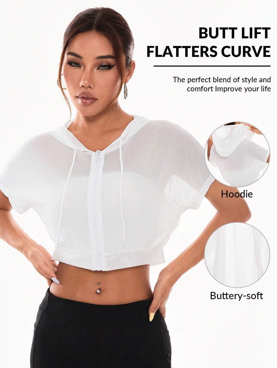 Menodora SHEIN Sport Áo khoác thể thao mùa xuân/hè có dây rút có mũ trùm đầu xuyên thấu dành cho nữ - trắng - Xem 1