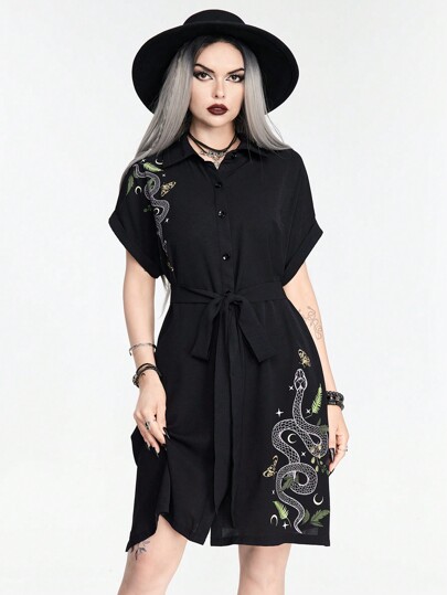 Summer Gothic Style Snake & Floral Print Women Shirt Collar Dress With Waist Belt