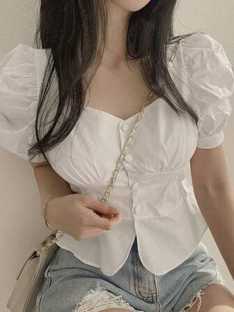 2025秋季新款女装简约度假泡泡袖衬衫