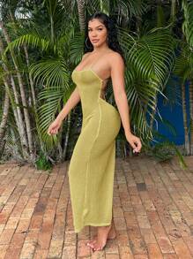 SHEIN SXY Beach Holiday Solid Color Knitted Cross Backless Side Split Halter Dress - Mustard Yellow - View 15