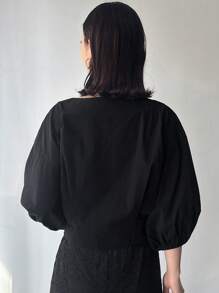 FRIFUL Women Fashionable Solid Color Loose Shirt With Simple Design - Black - View 3