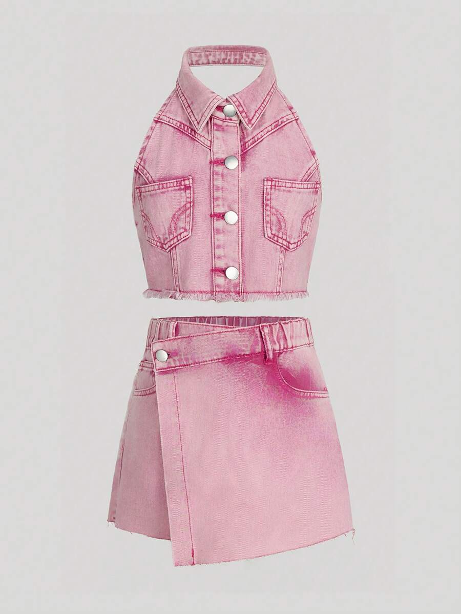 SHEIN Tween Girls Fashionable Casual Sleeveless Top And Shorts Denim Set