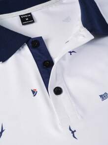 Manfinity Homme 男士海鷗印花半身扣短袖 Polo 衫夏季休閒度假沙灘 Polo 衫老公 - 白色 - 查看 5