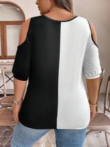 EMERY ROSE 夏季大碼女士心形印花拉鍊半排扣露空休閒T恤 - 黑與白 - 查看 2