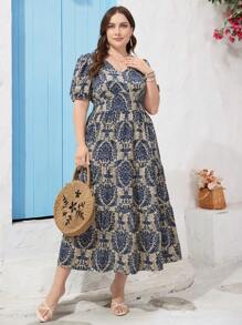 SHEIN Clasi 大码波西米亚风 V 领全印花荷叶边下摆短袖迷你连衣裙，适合夏季女装