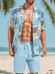 GENTILAND Ensemble chemise à manches courtes et short tissé décontracté et à la mode pour homme, polyvalent - Bleu azur - Voir 1