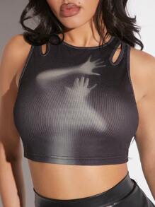 Hauture Cutout Graphic Rib Cropped Tank Top Summer Fits - Black - View 3