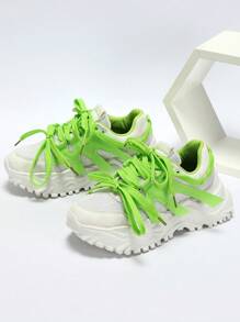 Tenis planos creativos y coloridos con mezcla de blanco y verde , con cordones personalizados, para hombres - Blanco - Ver 4