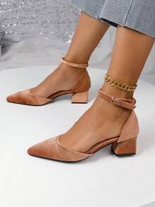 新款時尚女士米色高跟粗跟涼鞋尖頭拖鞋低跟鞋 - 卡其色 - 查看 6