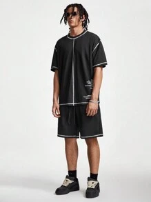 Manfinity VCAY Men Round Neck Short Sleeve T-Shirt And Shorts Set With Outer Seam For Spring And Summer - Black - View 5