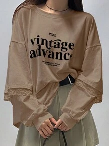 DAZY Women Spring/Summer Oversized Short Sleeve Round Neck Casual T-Shirt With Slogan Print - Khaki - View 1