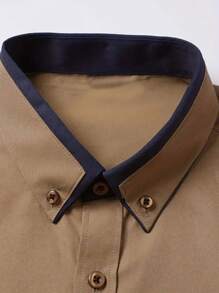 Men Contrast Trim Button Up Shirt - Khaki - View 3