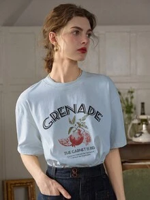 Simple Retro Áo thun nữ cổ tròn tùy chỉnh có thiết kế in ấn - Màu xanh lam - Xem 4