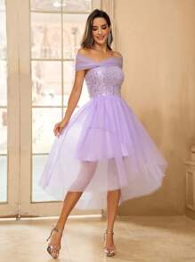 SHEIN Belle 优雅、浪漫、华丽、可爱、精致、迷人、时尚的女人，这款淡紫色连衣裙的主体饰有闪亮的珠子和网眼，单肩，肩部有不对称蝴蝶装饰，层叠下摆和不对称。高腰 A 字裙，下摆大，下摆蓬松，营造公主风格。非常适合音乐节、毕业典礼、返校聚会、下午茶、约会、派对、鸡尾酒会和其他正式场合。 - 紫色 - 查看 3