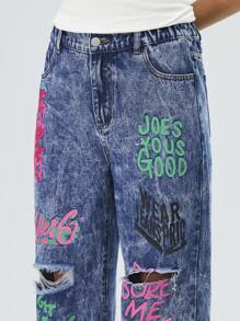 Teen Girl Cool Street Graffiti Slogan, Distressed Ripped Jeans With Frayed Hem, Faded And Snow Washed - Medium Wash - View 6