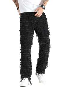 Jeans de mezclilla con adorno de flecos de moda para hombres, estilo emo, grunge - Negro - Ver 5
