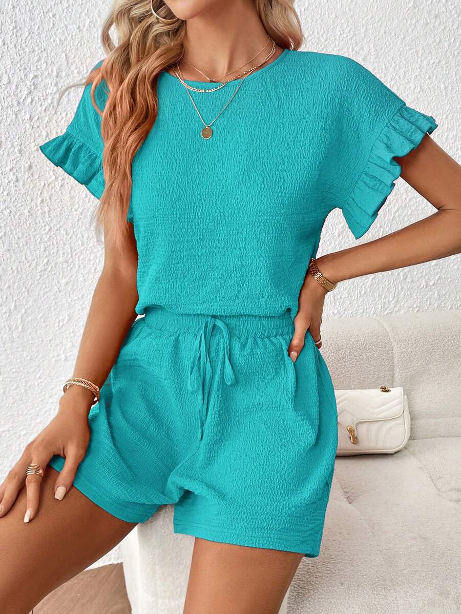 SHEIN Essnce Women Short Sleeve Top & Elastic Waist Shorts Set, 2pcs - Cadet Blue - View 1
