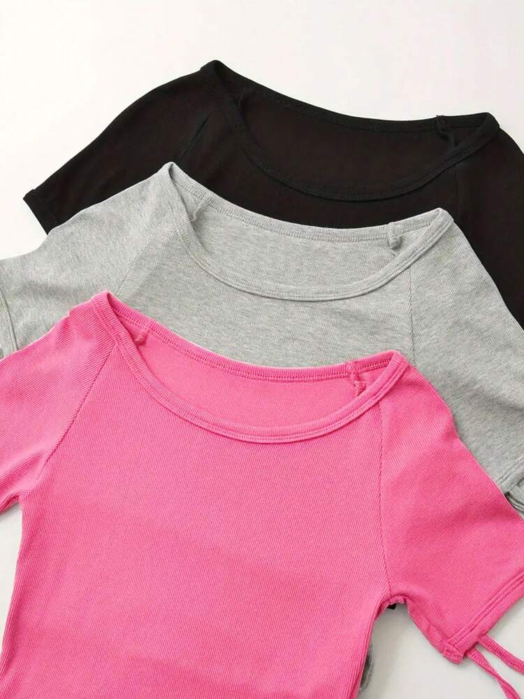 Women Summer 3-Piece Plain Round Neck Raglan Sleeve Short Sleeve Casual T-Shirt