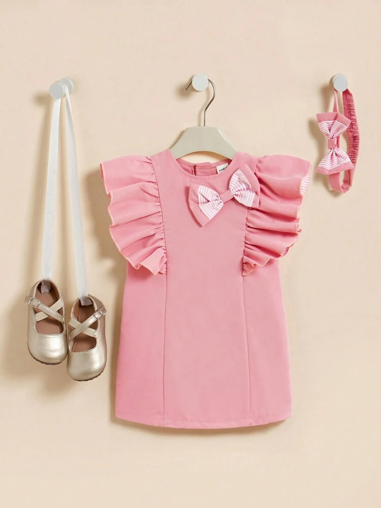 Baby Girl Summer Solid Color Ruffled Pink Dress With Beautiful Headband