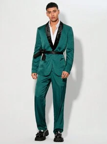 Manfinity VCAY Men's Luxury Party Business Casual Nightclub Woven Textures Color-Blocking Velvet Suit - Green - View 1