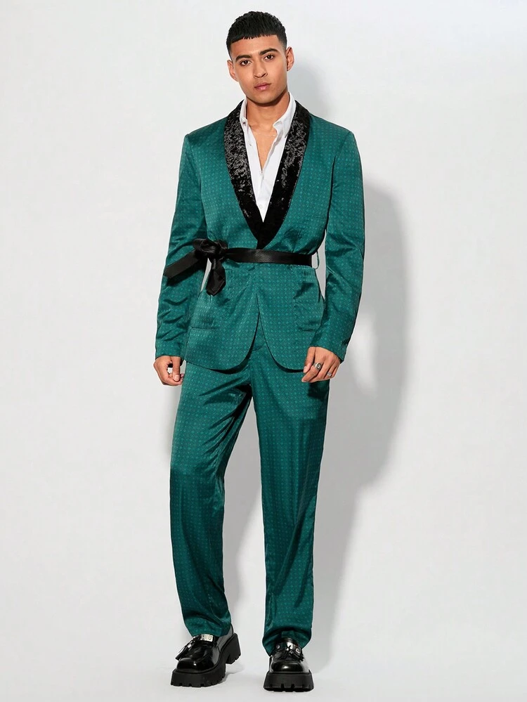 Men's Luxury Party Business Casual Nightclub Woven Textures Color-Blocking Velvet Suit