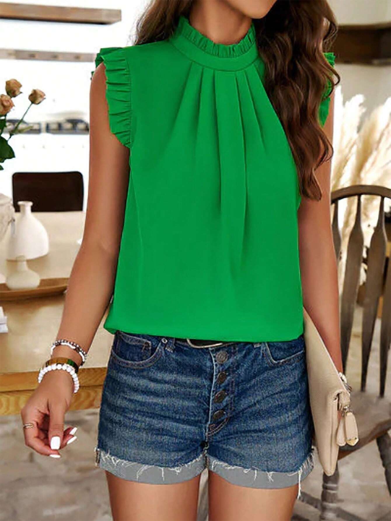 SHEIN Essnce Ladies Plain Color Basic Daily Shirt With Pleated Design ...