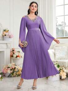 Modelyn Vestido de fiesta para mujer con brillo, cuello en V, pliegues y decoración de pedrería - Morado - Ver 3