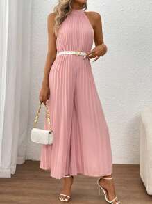 SHEIN Clasi Women Summer Casual Solid Color Pleated V-Neck Wide Leg Jumpsuit