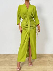 Calvaya Vestido con pliegues y cinturón de cintura para mujer con cuello en V a la moda