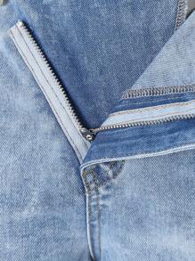 SHEIN Loose Straight Leg Distressed Jeans For Tween Girls Casual Cargo Style With Asymmetrical Waist & Multiple Pockets, School, Campus, College - Medium Wash - View 3