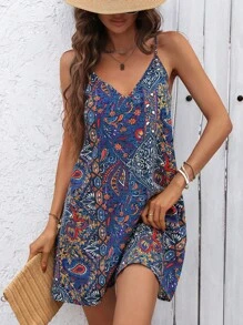 SHEIN LUNE 波西米亞風格 V領細肩帶露背A字裙，非常適合音樂節