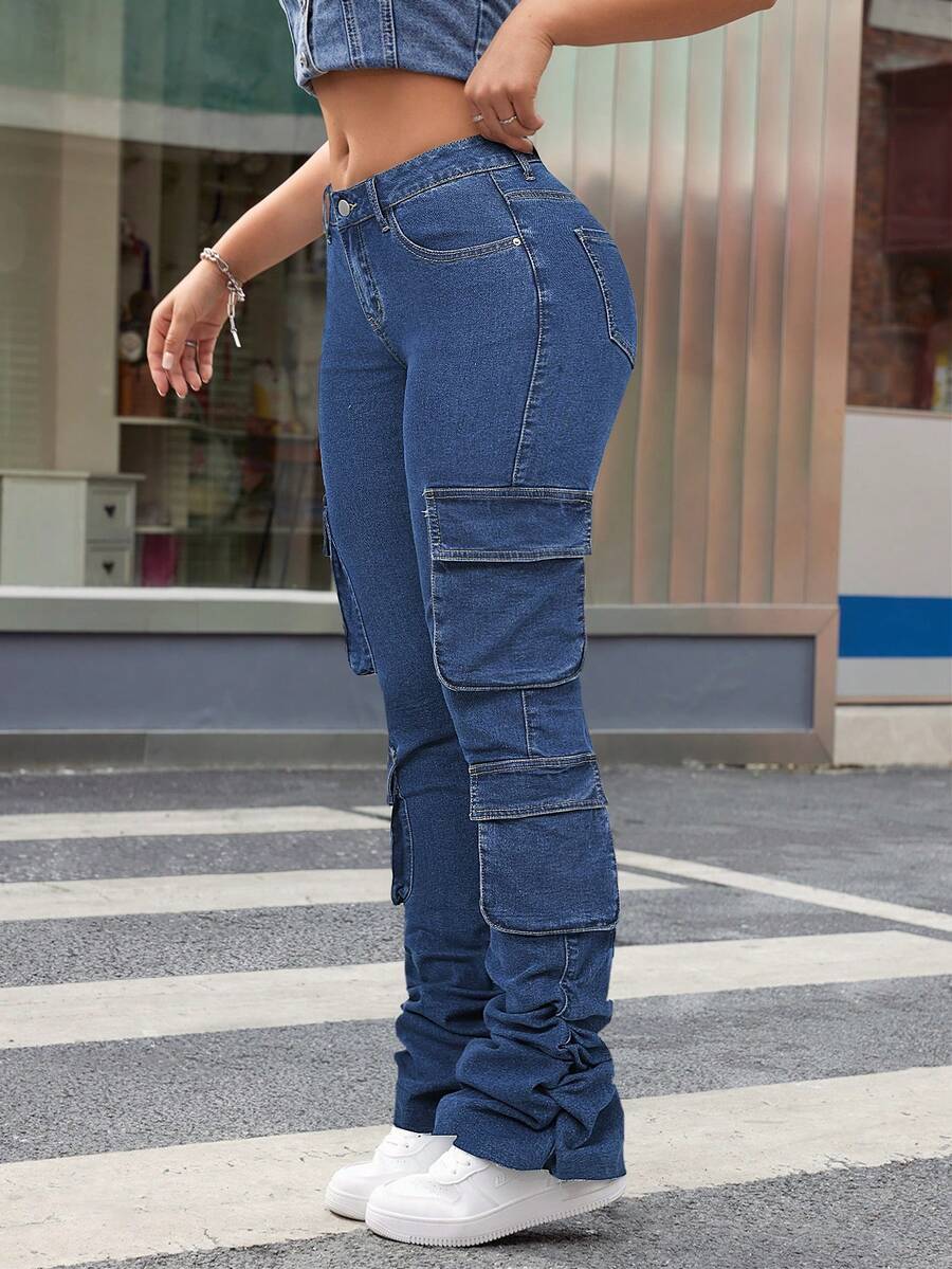 SHEIN ICON Women Casual Cargo Stacked Flare Jeans, Spring Outdoor