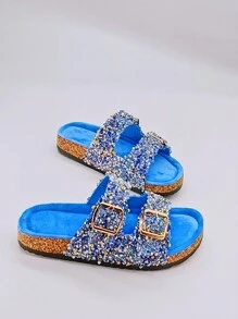 roulvxiang New Glitter Slides - Purple Platform Beach Sandals, Non-Slip Sole,Spring Summer Outfits - Blue and White - View 5