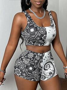 Slaydiva Musik Festival Crop Top und Shorts Zweiteiler Set für Frauen - Schwarz und Weiss - Übersicht 6