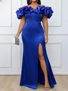SHEIN Belle Vestido formal de talla grande estilo sirena azul con decoraciones 3D, escote en V profundo, hombros descubiertos, ajuste delgado y sexy, abertura lateral alta y elegante cola maxi para fiestas o cenas nocturnas de gala. - azul real - Ver 4