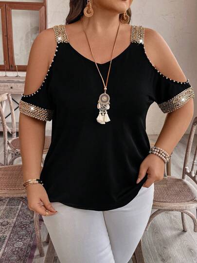 EMERY ROSE Camiseta de manga corta holgada con hombros descubiertos y estampado de rayas tejidas para mujer de talla grande