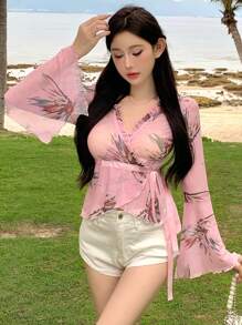 DAZY 女性透視網紗印花波浪袖交疊打結側邊上衣 - 粉色 - 查看 6