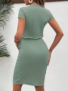 SHEIN Set de fuste și top cu gât rotund cu mânecă scurtă de maternitate - Verde măsline - Vizualizare 2