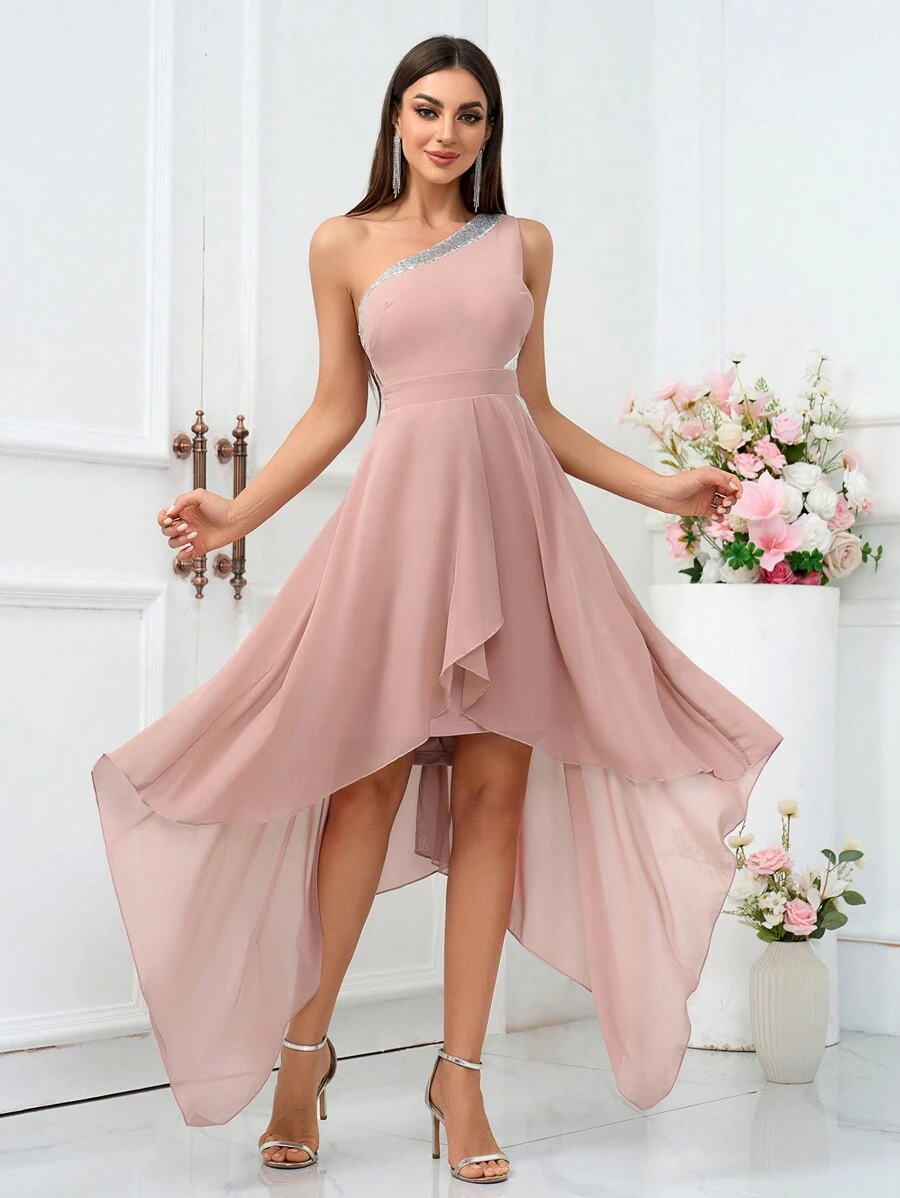 SHEIN Belle Váy phù dâu lãng mạn bất đối xứng chắp vá sequin cho phụ nữ váy dạ hội trang trọng - Bụi hồng - Xem 1