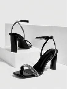CUCCOO SZL Fashionable High-Heeled Rhinestone-Studded Square-Toed Sandals For Women, Suitable For Daily Wear., Graduation Heel, Prom Heels For Summer - Black - View 6
