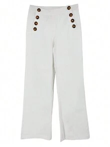 Women's Solid Color Button Design Pants With Pockets
