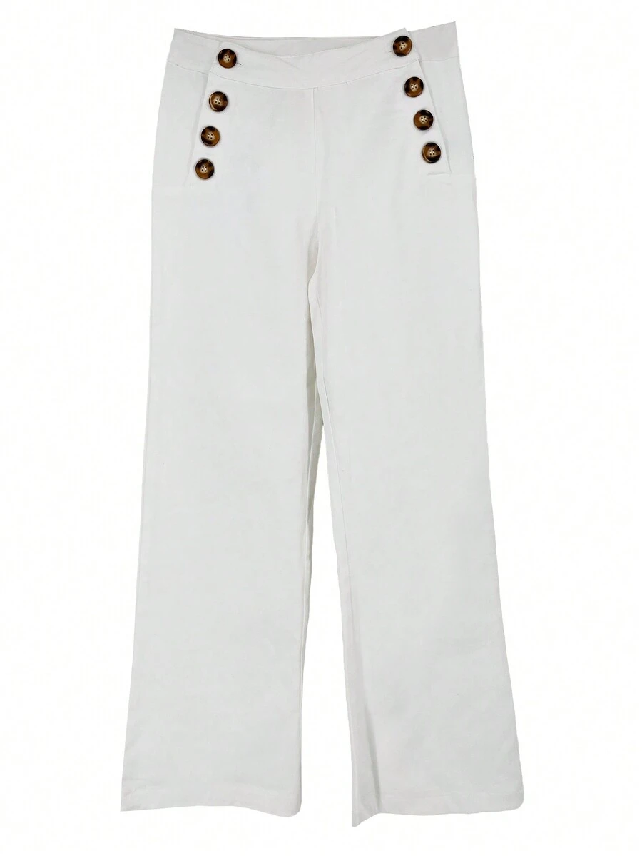 Women's Solid Color Button Design Pants With Pockets